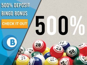 Grey background with bingo balls with 500% symbol. Blue/white square with text to left "500 Deposit Bingo Bonus", CTA below and Boomtown Bingo logo beneath.