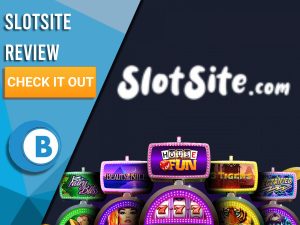 Black Background with slot machines and SlotSite logo. Blue/white square to left with text "SlotSite Review", CTA and Boomtown Bingo logo.