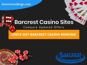 A Black background with a white circle with 50% opacity covering half of the background. A blue oval can be seen in the top left with "boomtownbingo.com" inside of it. Two lines of text in white writing are displayed in the middle, with an orange box with one line of white text within it. A roulette table can be seen in the bottom left, with casino chips coming out of it. In the opposite corner, 5 cards can be seen spread out, going from 10, J, Q, K, Ace, all in the heart suit (top right). In the middle right, 3 casino dice can be seen being rolled onto the orange box, being red and white in colour. Also, in the bottom right, the Barcrest logo can be seen.