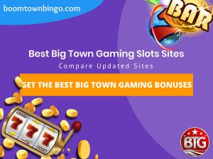 A purple background with a white circle with 50% opacity covering half of the background. A blue oval can be seen in the top left with "boomtownbingo.com" inside of it. Two lines of text in white writing are displayed in the middle, with an orange box with one line of white text within it. A slot machine can be seen in the bottom left, dispensing coins around the corner. In the opposite corner, a bunch of slot signs can be seen (top right). Also, in the bottom right, the Big Time Gaming logo can be seen.