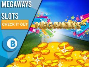 Background of hills with rainbow, gold and Megaways logo. Blue/white square with text to left "Megaways Slots", CTA below and BoomtownBingo logo under that.