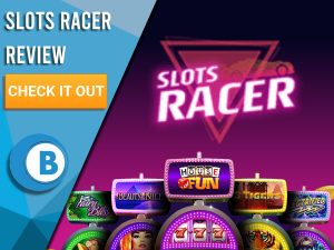 Black/purple Background with slot machines and Slots Racer logo. Blue/white square to left with text "Slots Racer Review", CTA and Boomtown Bingo logo.
