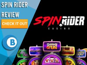 Black background with slot machines and Spin Rider logo. Blue/white square to left with text "Spin Rider Review", CTA below and Boomtown Bingo logo.