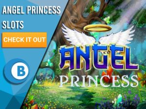 Background of fairy forest, with Angel Princess Logo in centre. Left is Blue/white box with text "Angel Princess Slots", a cta below that and BoomtownBingo logo below that.