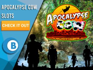 Background of Vietnam Jungle with Silhouettes of soldiers and logo for Apocalypse Cow. Blue/white square to left with text "Apocalypse Cow Slots", CTA below that and BoomtownBingo logo under that.