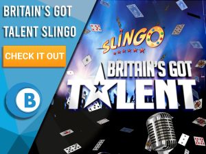 Background of Britains Got Talent with a crowd, lights, cards and a microphone. Slingo Britains Got Talent logo is seen to the right of "Britain’s Got Talent Slingo", with a CTA beneath it and the BoomtownBingo!