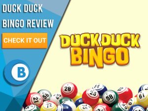 Yellow background with bingo balls and Duck Duck Bingo logo. Blue/white square to left with text "Duck Duck Bingo Review", CTA below and Boomtown Bingo logo.