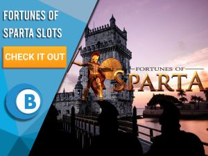 Background of ancient town with silhouettes of Spartan Soldiers and Fortunes of Sparta Logo. Blue/white square to left with text "Fortunes of Sparta Slots", CTA below it and BoomtownBingo logo under that.