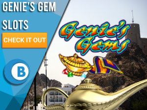 Background of Arabian City with Genie Lamp and Genie's Gems logo present. Blue/white square with text to left "Genie's Gem Slots", CTA below that and BoomtownBingo logo underneath that.