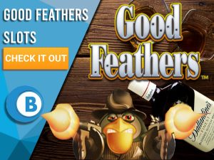 Background of mafia desk with mafia bird shooting and Good Feathers logo. Blue/white square to left with text "Good Feathers Slots", CTA below and BoomtownBingo Logo under that.