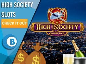 Background of city, champagne, money bags, plane and High Society Logo. Blue/white square with text "High Society Slots", CTA below and BoomtownBingo logo beneath that.