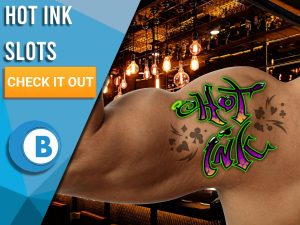 Background of Tattoo Parlour with Man Bicep and Logo for Hot Ink on it. Blue/white square with text "Hot Ink Slots", CTA beneath and BoomtownBingo Logo under that.