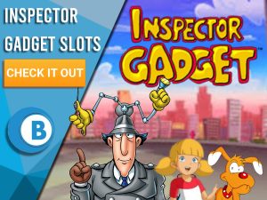 Background of New York with Inspector Gadget, Penny and Brain infront of Inspector Gadget logo. Blue/white square to left with text "Inspector Gadget Slots", CTA below it and BoomtownBingo logo under it.