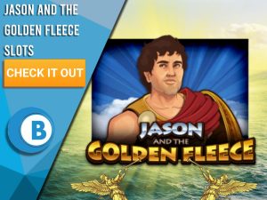 Background of Ocean with two golden angels playing the trumpet with logo of Jason and the Golden Fleece in centre. Blue/white square to left with text "Jason and the Golden Fleece Slots", CTA below it and BoomtownBingo logo under