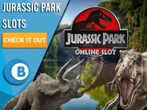 Background of lake with Triceratops, T-Rex and Jurassic Park slots logo. Blue/white square with text to left "Jurassic Park Slots", CTA below that and BoomtownBingo logo beneath that.