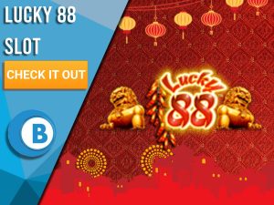 Background of red china wall, Chinese laterns on top and China city below. Lucky 88 logo in centre with blue/white square to left. Text on it saying "Lucky 88 Slot", CTA below that and BoomtownBingo logo beneath that.