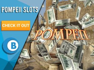 Background of Italian old city, with money raining and Pompeii logo showing up. Blue/white box with text "Pompeii Slots", CTA below and BoomtownBingo logo under that.