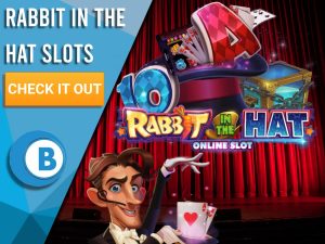 Background is stage with magician and Rabbit in the Hat Online Slots Logo. Blue/white square to left with text "Rabbit in the Hat Slots", CTA beneath that and BoomtownBingo logo under that.