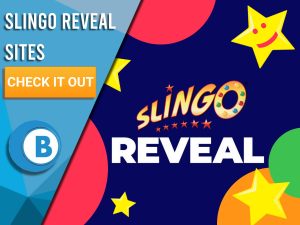 Background of Dark Blue. Slingo Reveal logo can be seen in the centre, different coloured circles can be seen, with stars and a face! Blue/white square taking up half of the screen with text "Slingo Reveal Sites", CTA beneath and the BoomtownBingo logo.
