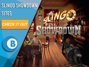 Background of Saloon. White/blue square taking up half the image. Slingo Showdown logo is seen clearly, with text to the left saying "Slingo Showdown Sites", CTA below and BoomtownBingo beneath that.