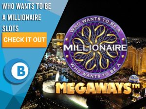 Background of Las Vegas with Who Wants to Be a Millionaire Slots logo. Blue/white square with text "Who Wants to Be a Millionaire Slots", CTA below and BoomtownBingo logo beneath that.