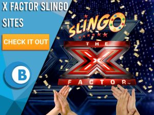 Background of X-factor with gold confetti falling from the top. 2 hands are seen clapping at the bottom with a blue/white square to the left. On this square, text saying "X Factor Slingo Sites" is seen, beneath that is a CTA, beneath that is a logo.