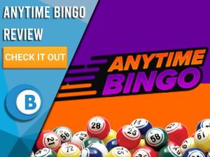 Purple/orange background with bingo balls and Anytime Bingo logo. Blue/white square to left with text "Anytime Bingo Review", CTA below and Boomtown Bingo logo.