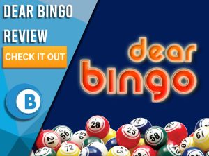 Dark blue background with bingo balls and Dear Bingo logo. Blue/white square to left with text "Dear Bingo Review", CTA below and Boomtown Bingo logo.