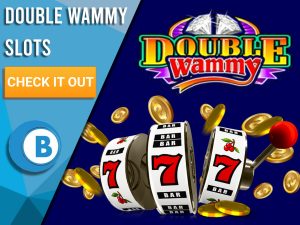 Background is dark blue with coins, slot machine and Double Wammy logo. Blue/white square with text to left "Double Wammy Slots", CTA below it and BoomtownBingo logo under that.