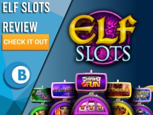 Dark Blue/blue background with slot machines and Elf Slots logo. Blue/white square to left with text "Elf Slots Review", CTA below and Boomtown Bingo.