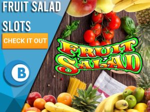 Background of Kitchen table with Fruit border and Fruit Salad Logo. Blue/white square with text to left "Fruit Salad Slots", CTA below that and BoomtownBingo logo under that.