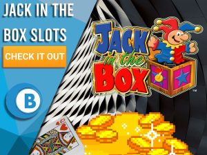 Background of Fair Background with Gold pile, pile cards and Jack in the Box logo. Blue/white square to left with text "Jack in the Box Slots", CTA below and BoomtownBingo logo.