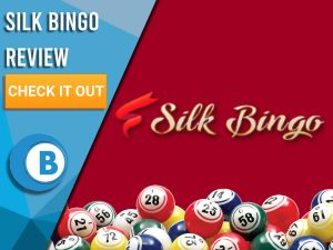 Red background with bingo balls and Silk Bingo logo. Blue/white square to left with text "Silk Bingo Review", CTA below and Boomtown Bingo logo beneath that.