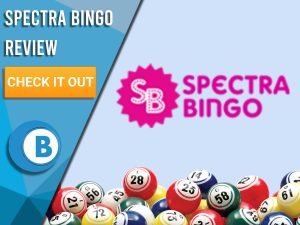 Purple background with bingo balls and Spectra Logo. Blue/white square to left with text "Spectra Bingo Review", CTA below it and Boomtown Bingo logo underneath that.