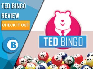 Pink and white background with Ted Bingo logo with bingo balls. Blue/white square with text to left "Ted Bingo Review", CTA below and Boomtown Bingo logo.