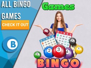 Background of purple wall paper with bingo logo, woman and word games. Blue/white square to left with text "All Bingo Games", CTA below and BoomtownBingo logo under that.