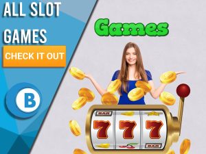 Purple background with slot machine, woman happy and games above her head. Blue/white square to left with text "All Slot Games", CTA below and BoomtownBingo logo under that.