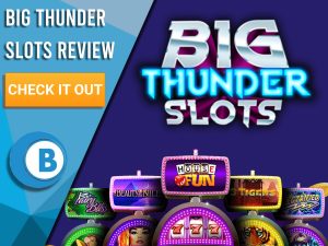 Purple background with slot machines and Big Thunder Slots logo. Blue/white square to left with text "Big Thunder Slots Review", CTA below and Boomtown Bingo logo.