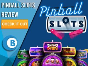 Blue background with Pinball slots logo and slot machines. Blue/white square to left with text "Pinball Slots Review", CTA below and Boomtown Bingo logo.