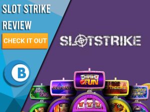 Purple Background with slot machines and Slot Strike logo. Blue/white square to left with text "Slot Strike Review", CTA and Boomtown Bingo logo.