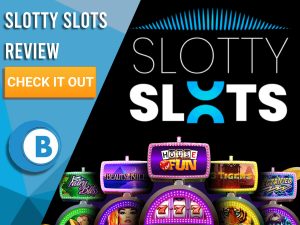 Black Background with slot machines and Slotty Slots logo. Blue/white square to left with text "Slotty Slots Review", CTA and Boomtown Bingo logo.