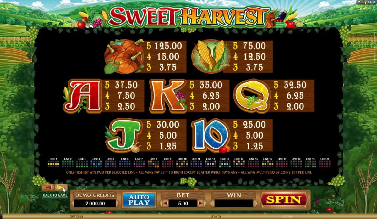Sweet Harvest Slots Paytable