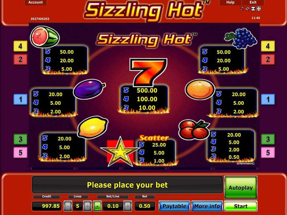 sizzling hot slots paytable