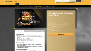 Betfair Casino 50 free spins promotion page